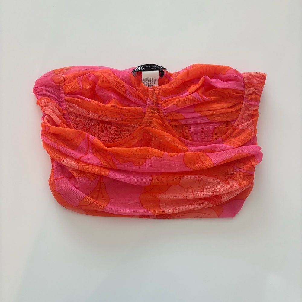 Zara Floral Corset Top Orange and Pink Size M NWT